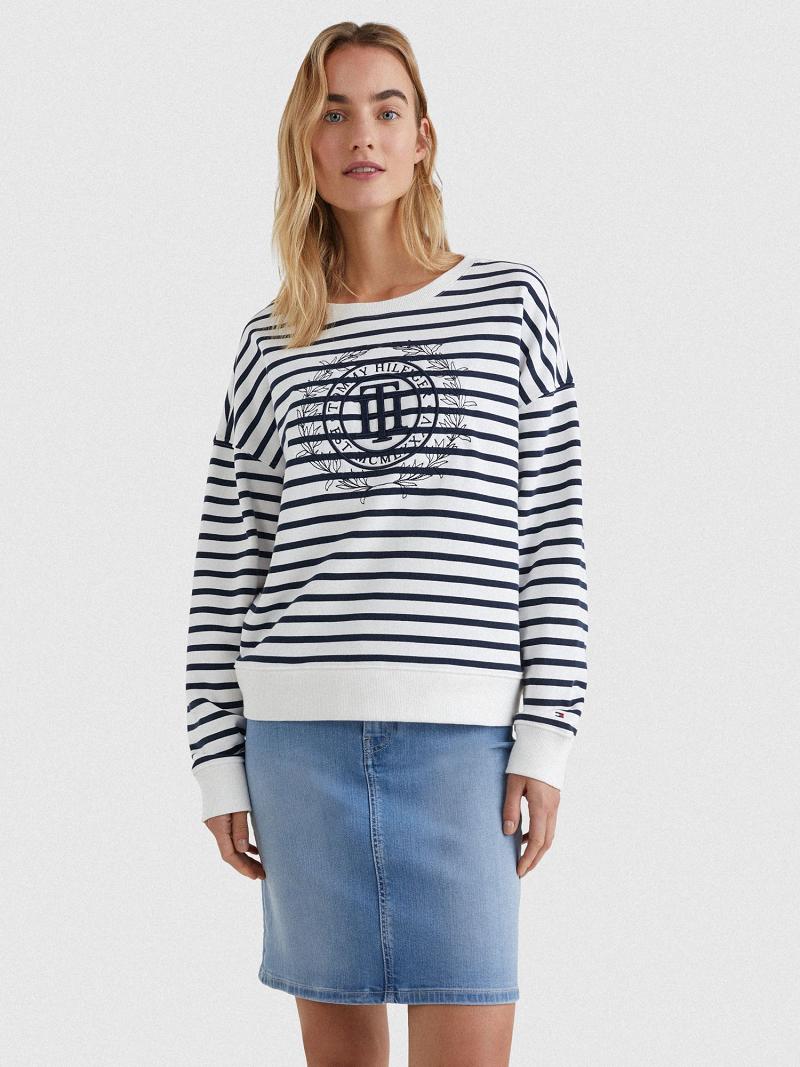 Női Tommy Hilfiger TH Crest Open-Neck Pulóverek Kék Fehér | HU 405BEX